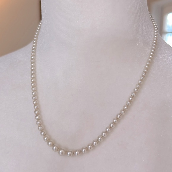 Vintage cultured pearl necklace with 10K white gold fishhook filigree clasp 16”